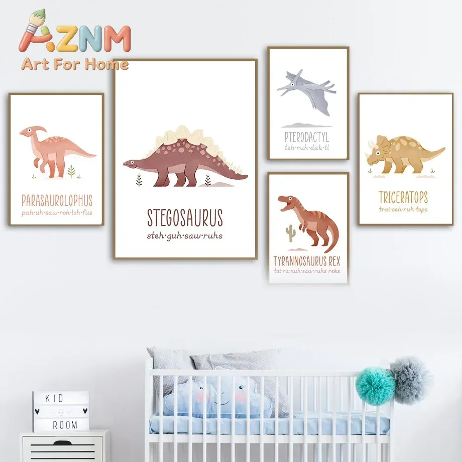 Kids Education Name - AZNM ภาพพิมพ์ผ้าใบติดผนังลายไดโนเสาร์น่ารัก พร้อมชื่อ ภาพประกอบไดโนเสาร์เพื่อการศึกษา โปสเตอร์ตกแต่งห้องเด็กเล็กสำหรับการเรียนรู้