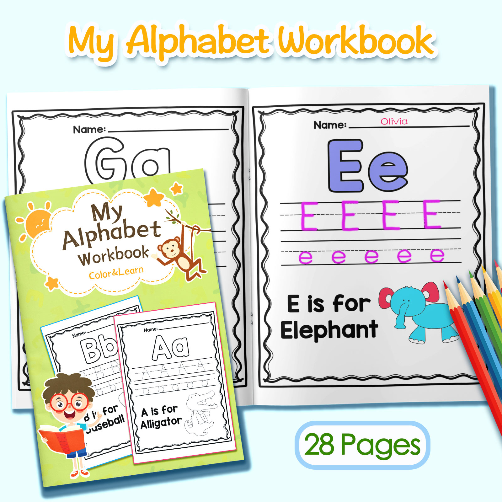 Kids Education Activities - สมุดระบายสีคำศัพท์และประโยคตัวอักษรภาษาอังกฤษสำหรับเด็ก ลวดลายการ์ตูนน่ารัก สมุดกิจกรรมเพื่อการศึกษาปฐมวัย สนุกกับภาษาอังกฤษ